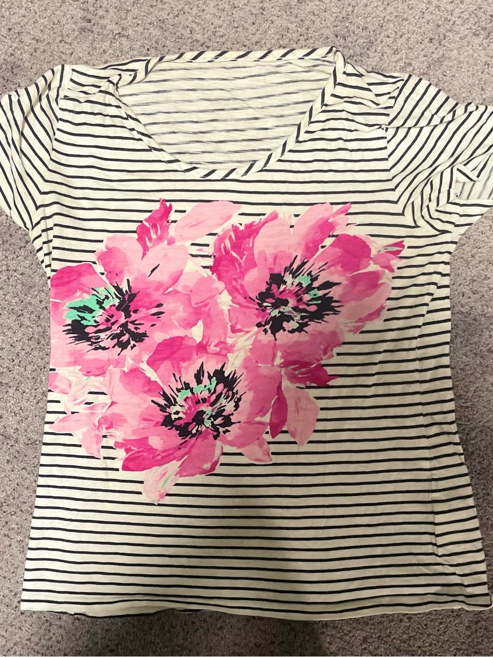 Jones New York Striped Floral Peony Tee Navy Cream Pink
